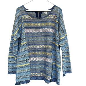 Lucky Brand Sweater Womens Large Blue Yellow Stripe Boho Pullover Fringe Zipper